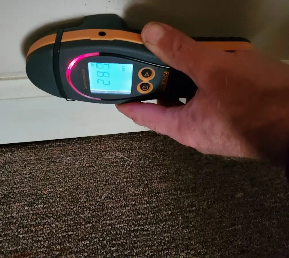 Moisture detection at baseboard during Storm Damage Restoration in Pearland